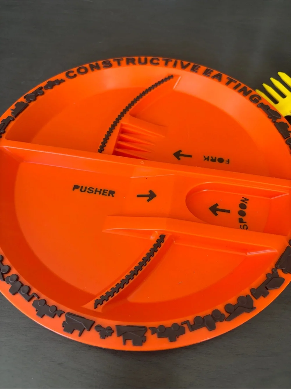 Constructive Eating Orange Divided Plate with Yellow Utensils